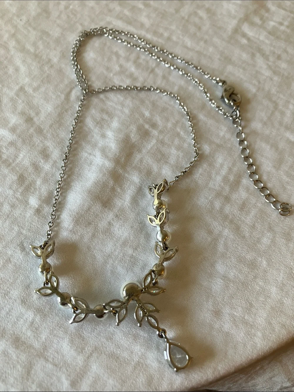 Faux Pearl & Crystal Drop Necklace - Silver Tone
